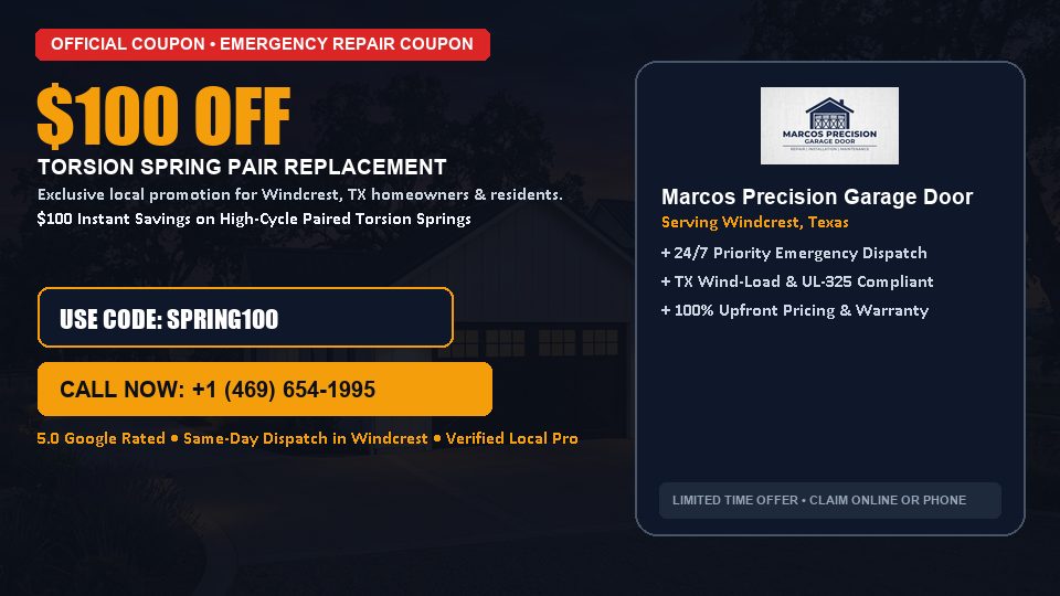 $100 OFF Dual High-Cycle Torsion Spring Replacement in Windcrest, TX - Marcos Precision Garage Door