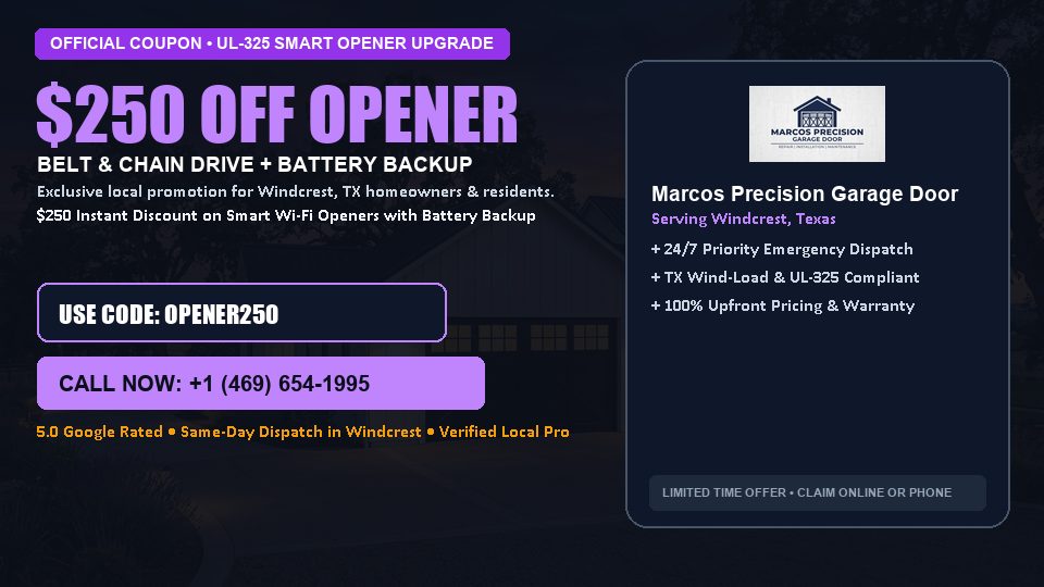 $250 OFF Smart Wi-Fi Garage Door Opener Installation in Windcrest, TX - Marcos Precision Garage Door