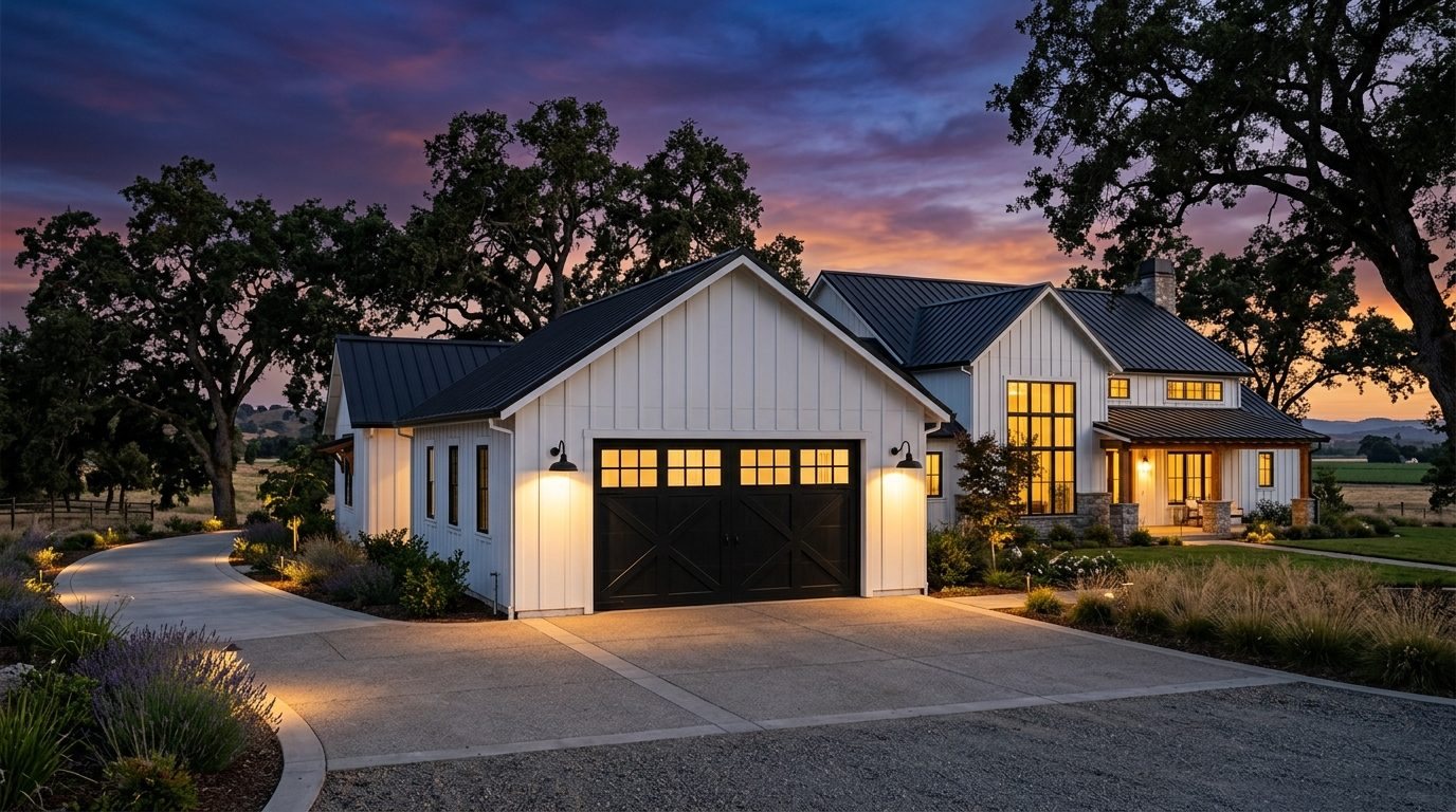 Marcos Precision Garage Door Exterior Closed Garage Door at Twilight