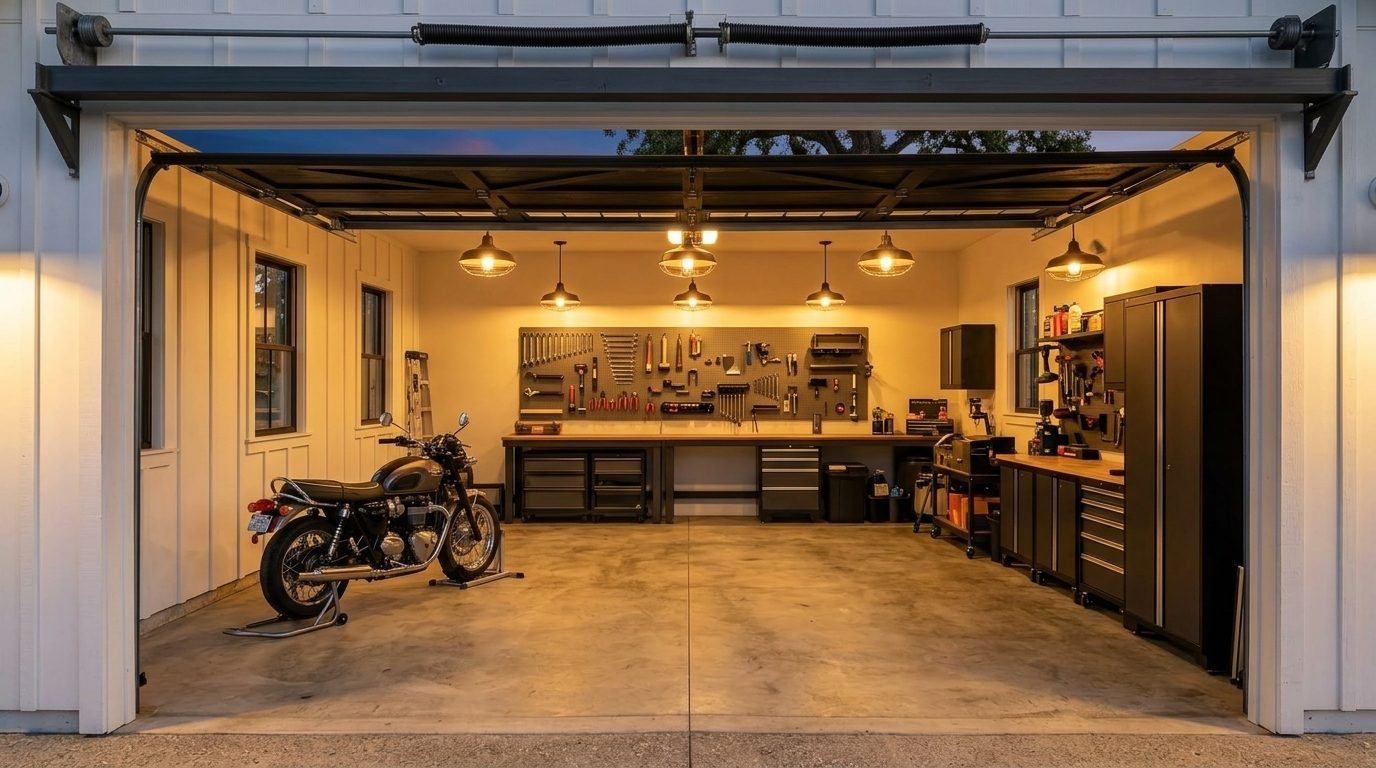 Marcos Precision Garage Door Interior View of Custom Garage Door Overhead and Workshop